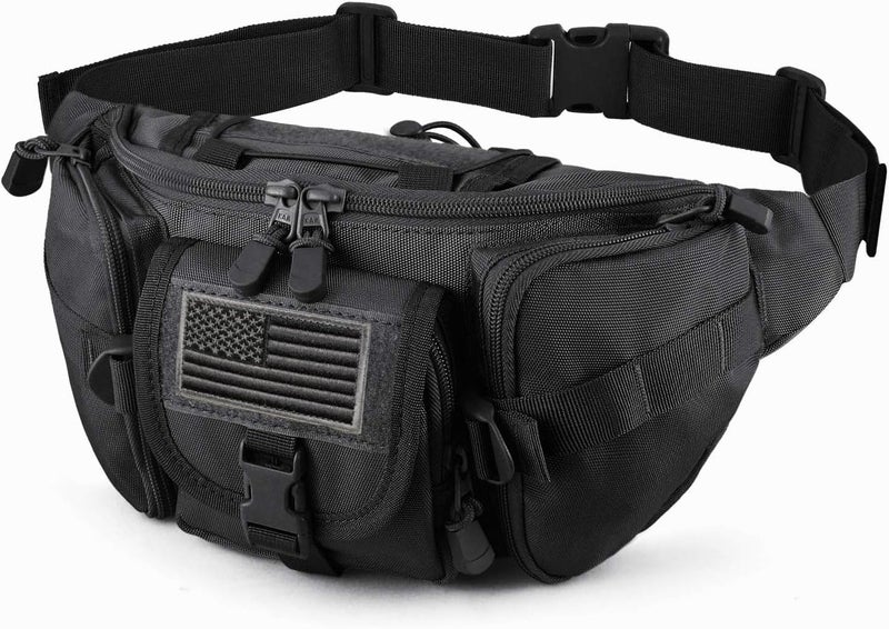 SOWHUP Tactical Fanny Pack,Military Waist Bag Pack with U.S Patch Utility Hip Belt Bumbag for Outdoor Fishing Hiking (Black(5 Zipper Pockets)) - Image 1